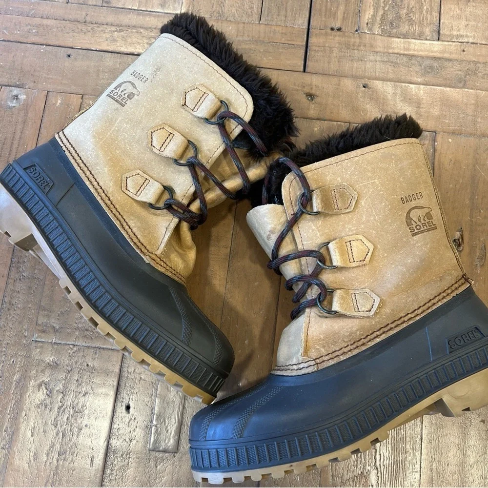 Sorel Badger Waterproof Winter Boots Women’s 6  Faux Fur Leather Rubber USA Made